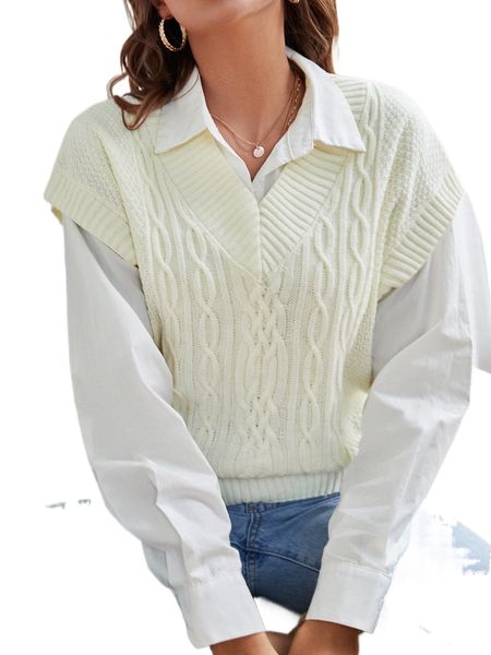solid cable knit sweater vest without blouse e2tf#, White;black