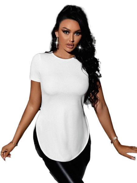 split curved hem tee b3fn#, White
split curved hem tee b3fn#, White