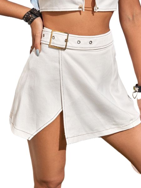 split hem belted skirt r8vn#, Black