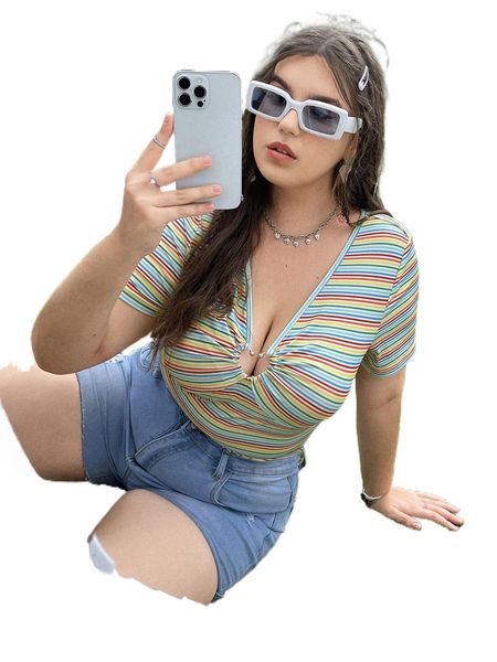 plus colorful striped ring detail plunging neck tee d0kn#, Black
plus colorful striped ring detail plunging neck tee d0kn#, Black