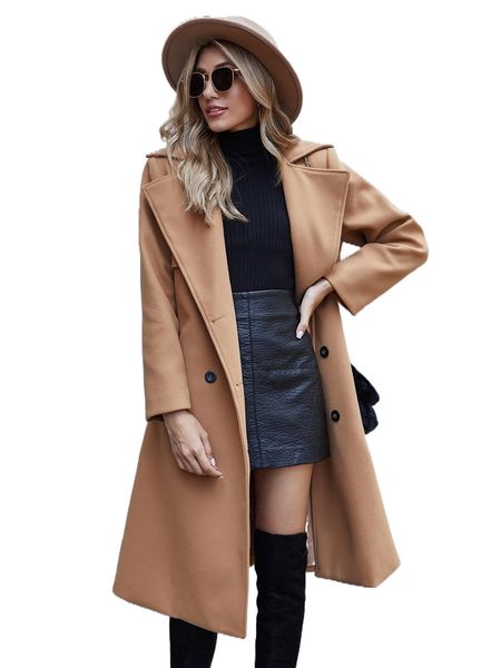 solid lapel collar double breasted overcoat e89w#, Black