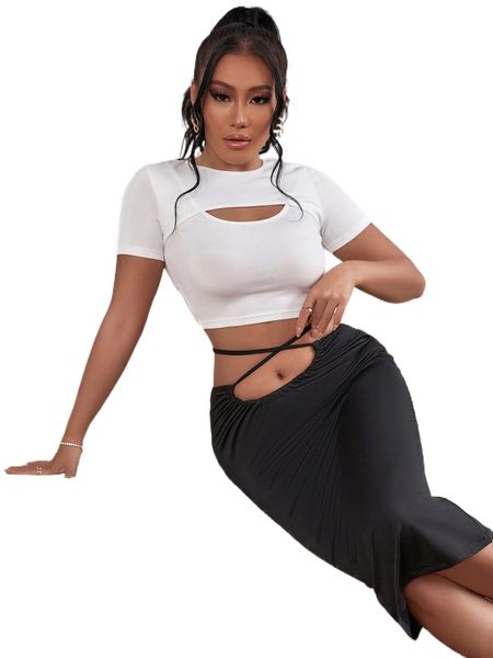 sxy solid cut out criss cross tie back bodycon skirt o2ix#, Black