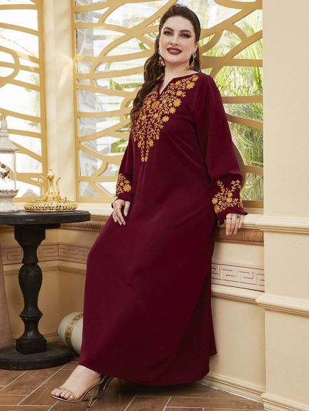 plus notched neck embroidery maxi tunic dress g8zl#, Black