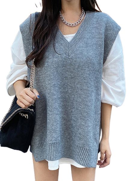 dazy 1pc split hem sweater vest 09mf#, White;black 
dazy 1pc split hem sweater vest 09mf#, White;black