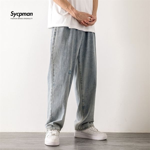korean classic light jeans mens pants denim summer thin straight tube elastic waist floor trousers loose ruffian distressed 220328, Blue
korean classic light jeans mens pants denim summer thin straight tube elastic waist floor trousers loose ruffian distressed 220328, Blue
