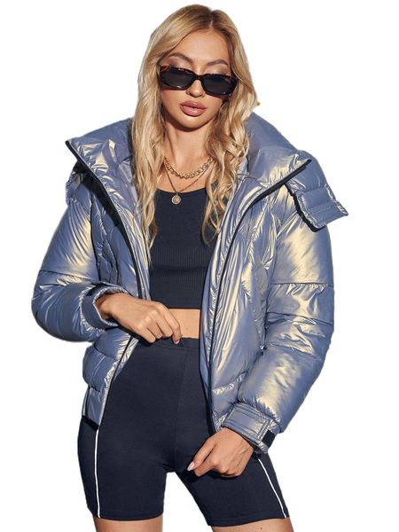 metallic zip up hooded coat p3kh#, Black