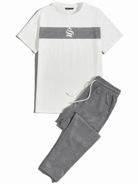 men contrast panel graphic & houndstooth pants set q9p0#, Gray 
men contrast panel graphic & houndstooth pants set q9p0#, Gray
