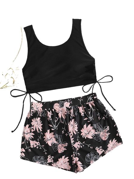 plus floral print drawstring side bikini swimsuit l8fd#, White;black
plus floral print drawstring side bikini swimsuit l8fd#, White;black