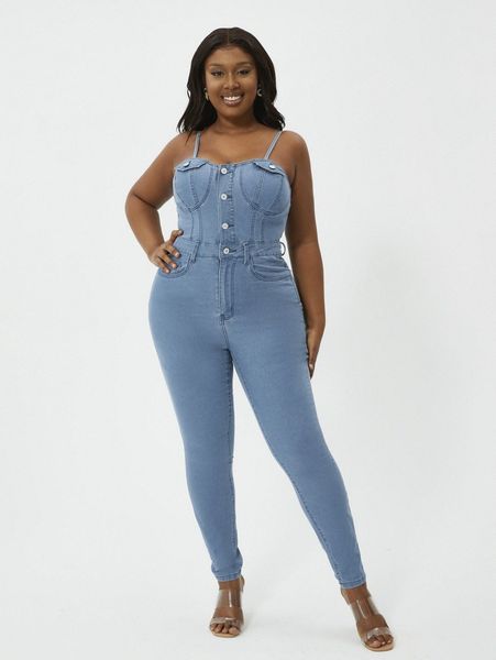plus button front skinny cami denim overall jumpsuit y5zf#, Black;white 
plus button front skinny cami denim overall jumpsuit y5zf#, Black;white
