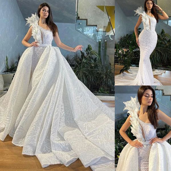 3d floral appliques mermaid wedding dress one shoulder pearls beading vestido casamento lace flowers bridal gowns with detachable train, White
3d floral appliques mermaid wedding dress one shoulder pearls beading vestido casamento lace flowers bridal gowns with detachable train, White