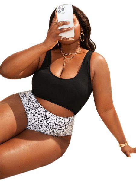 plus color block cut-out one piece swimsuit u8kx#, White;black 
plus color block cut-out one piece swimsuit u8kx#, White;black