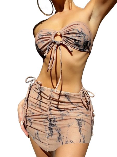 marble print drawstring bikini swimsuit with beach skirt s8yp#, White;black
marble print drawstring bikini swimsuit with beach skirt s8yp#, White;black