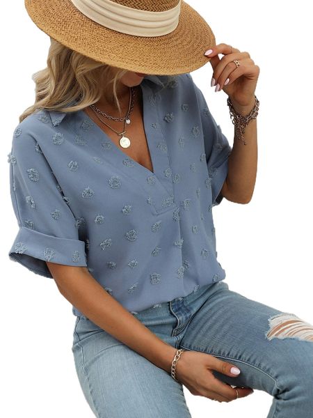 swiss dot rolled cuff blouse 67nd#, White 
swiss dot rolled cuff blouse 67nd#, White