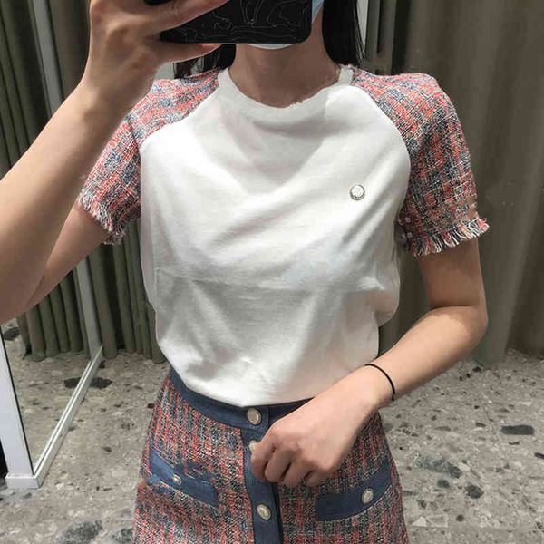 women's t-shirt niche spring summer round neck patchwork plaid tweed short sleeve slim fit small fragrance pure cotton t-shirt women, White
women's t-shirt niche spring summer round neck patchwork plaid tweed short sleeve slim fit small fragrance pure cotton t-shirt women, White
