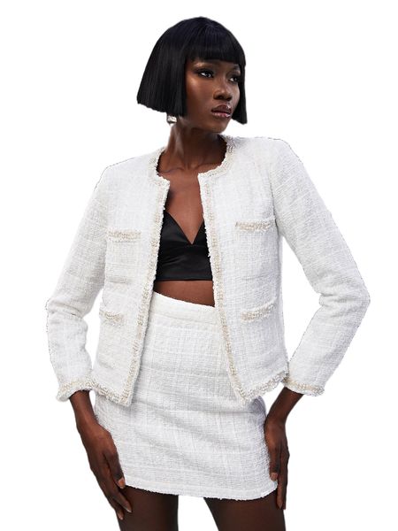 amber x pearls beaded open front tweed overcoat i5cg#, Black