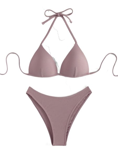 plain rib tie back halter push up bikini swimsuit j7cm#, White;black