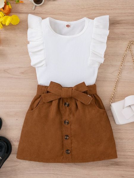 girls ruffle trim & belted skirt she, White