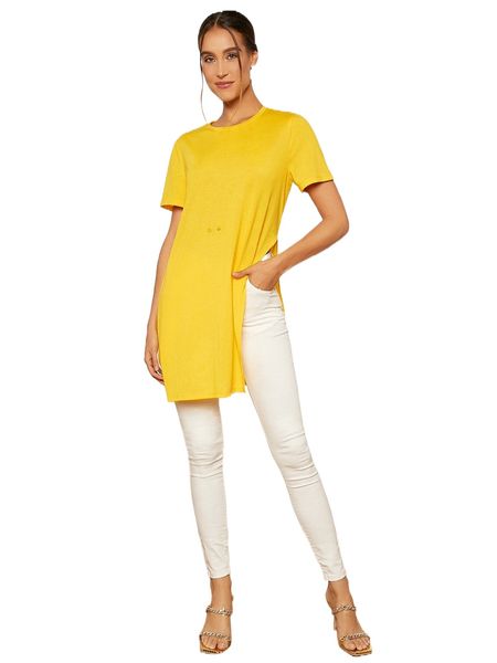 solid split hem longline tee s7ee#, White 
solid split hem longline tee s7ee#, White