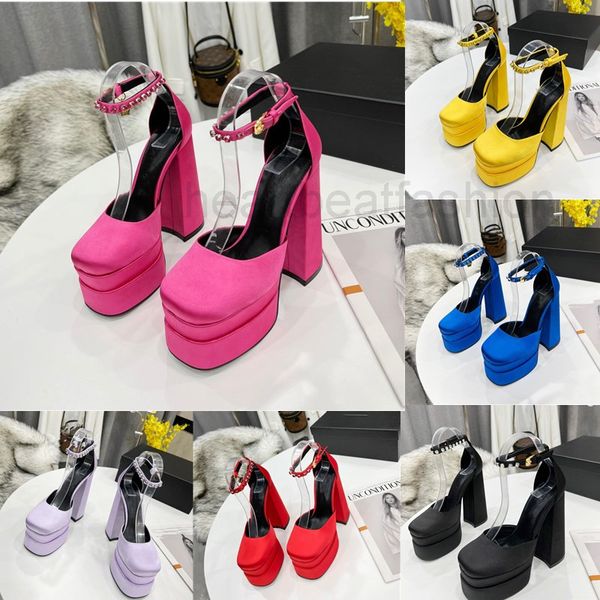 designer aevitas sandals waterproof high heels pumps personalized rhinestone satin catwalk thick heel silk ankle strap decorated height 15cm, Black