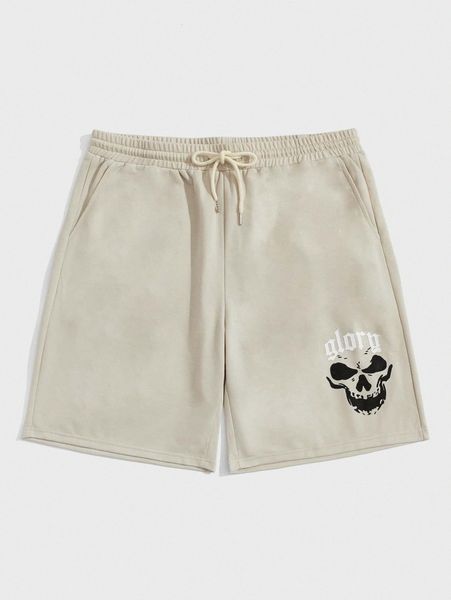 romwe guys letter skull graphic drawstring shorts k4uh#, White;black