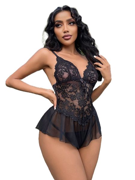 contrast lace tie front ruffle trim teddy bodysuit without liner s47v#, Black;red
contrast lace tie front ruffle trim teddy bodysuit without liner s47v#, Black;red