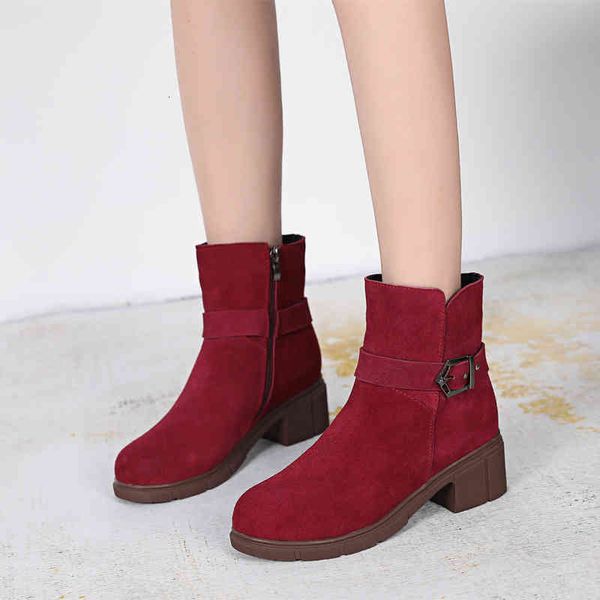 slippers autumn and winter frosted leather short boots women's thick heel large middle plush cotton shoes warm ytbm, Black