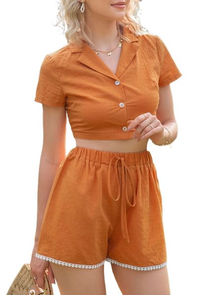 lapel collar crop & guipure lace trim knot front shorts u04u#, White
lapel collar crop & guipure lace trim knot front shorts u04u#, White