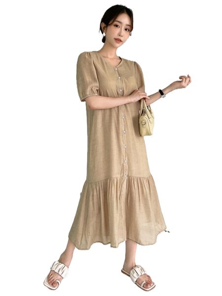 dazy puff sleeve ruffle hem smock dress c31h#, Black;gray