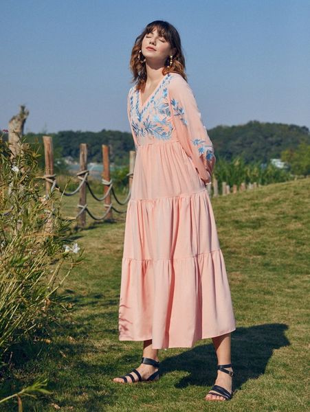 floral embroidered lantern sleeve ruffle hem dress s7jd#, Black;gray
floral embroidered lantern sleeve ruffle hem dress s7jd#, Black;gray