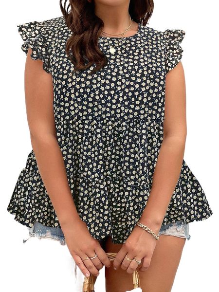 plus ditsy floral print ruffle sleeve babydoll blouse m9mh#, Black