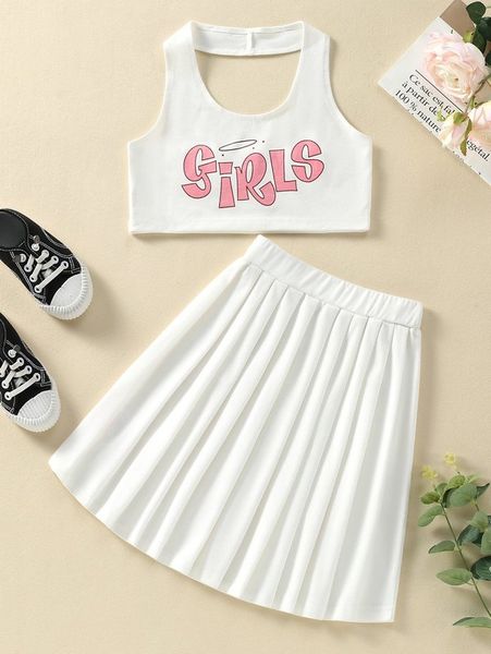 girls letter graphic halter & pleated skirt she, White