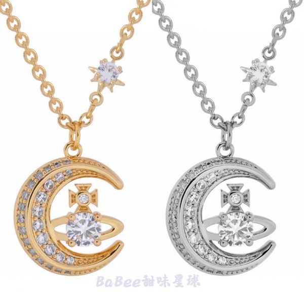 western queen mother's new double necklace row full diamond moon natural zircon saturn pendant necklace ins, Silver
western queen mother's new double necklace row full diamond moon natural zircon saturn pendant necklace ins, Silver