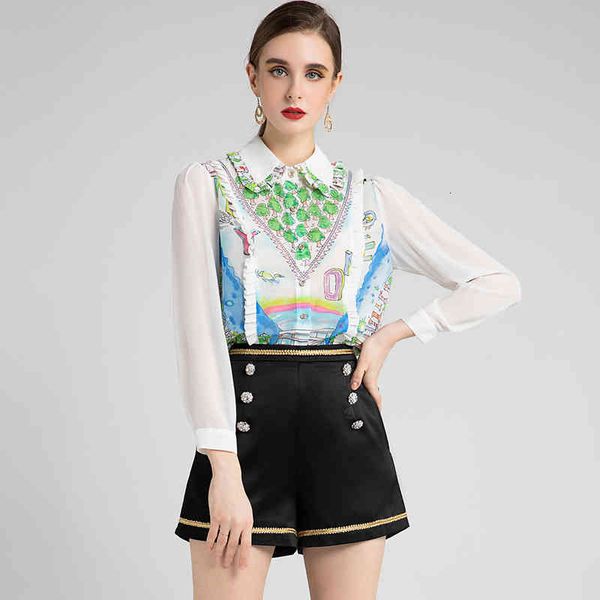 women's two piece pants fashion temperament style stitching crimped long sleeve printed shirt + three-dimensional decorative shorts two, White
women's two piece pants fashion temperament style stitching crimped long sleeve printed shirt + three-dimensional decorative shorts two, White