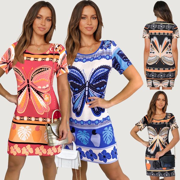 european and american foreign trade 2022 summer new dress fashion butterfly print round neck straight short sleeve t-shirt dress, White;black 
european and american foreign trade 2022 summer new dress fashion butterfly print round neck straight short sleeve t-shirt dress, White;black