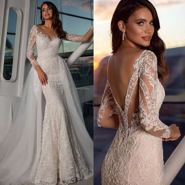 luxury lace mermaid wedding dress with tulle train arabic trumpet backless bridal gowns long sleeves robe de soiree, White
luxury lace mermaid wedding dress with tulle train arabic trumpet backless bridal gowns long sleeves robe de soiree, White
