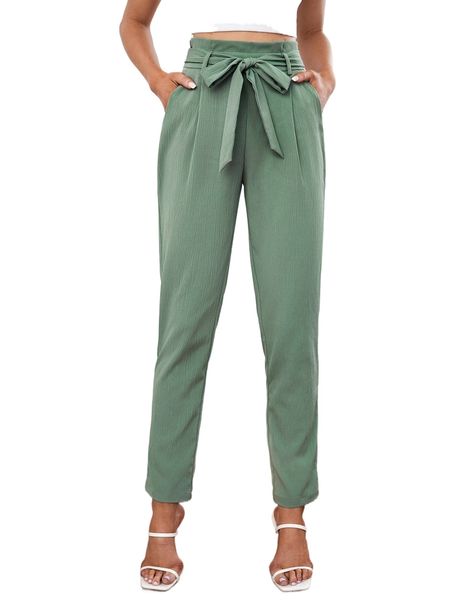 high waist plicated detail belted tapered pants 068r#, Black;white
high waist plicated detail belted tapered pants 068r#, Black;white