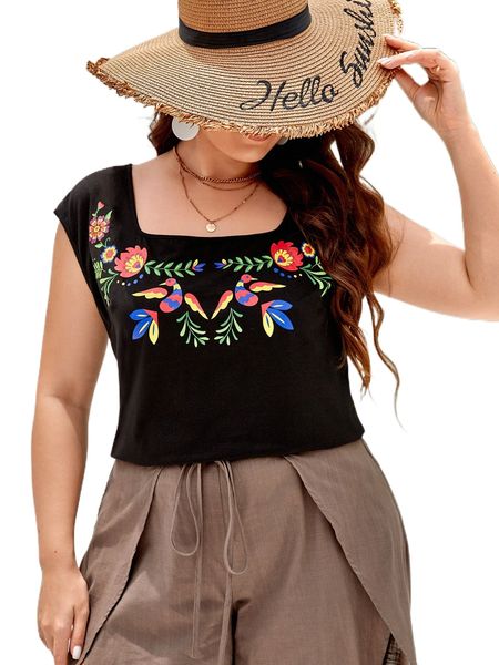 plus floral print square neck batwing sleeve tee n1s4#, Black
plus floral print square neck batwing sleeve tee n1s4#, Black