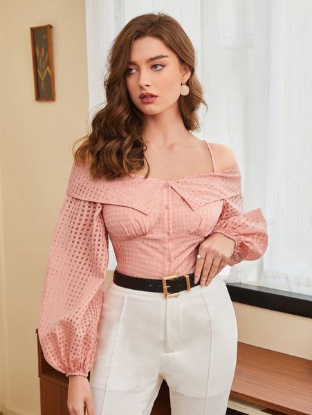 cold shoulder lantern sleeve blouse o0kt#, White