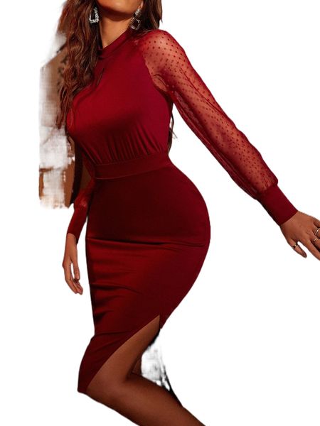 contrast dobby mesh raglan sleeve keyhole neck split thigh bodycon dress q3jg#, Black;gray
contrast dobby mesh raglan sleeve keyhole neck split thigh bodycon dress q3jg#, Black;gray