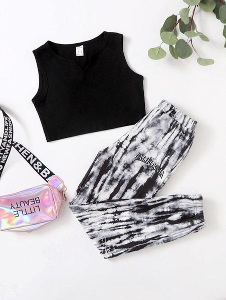 girls crop tank & letter pattern tie dye sweatpants she, White
girls crop tank & letter pattern tie dye sweatpants she, White