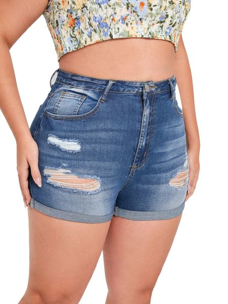 plus ripped roll hem denim shorts w5hp#, White;black