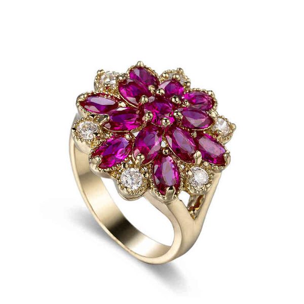 2022 new jewelry copper gold plated hand red corundum zircon large flower ring female, Silver
2022 new jewelry copper gold plated hand red corundum zircon large flower ring female, Silver
