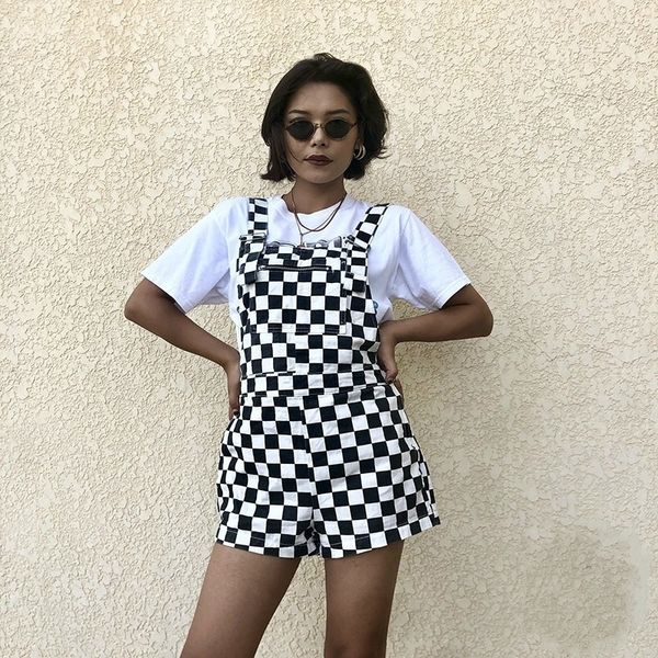 women vintage checkerboard plaid jumpsuit suspender overalls straps romper playsuit streetwear casual shorts outfit y200422, Black;white
women vintage checkerboard plaid jumpsuit suspender overalls straps romper playsuit streetwear casual shorts outfit y200422, Black;white