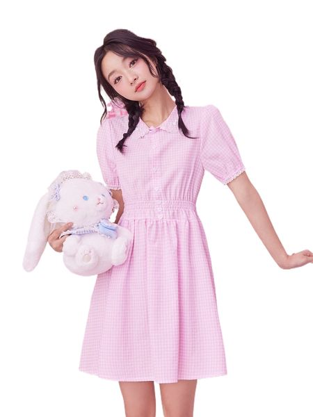 kawaii gingham print puff sleeve dress f78y#, Black;gray 
kawaii gingham print puff sleeve dress f78y#, Black;gray