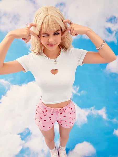 heart cut out crop tee 910p#, White