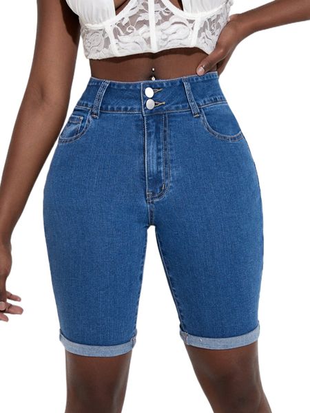buttoned waistband rolled hem denim shorts 06mg#, White;black