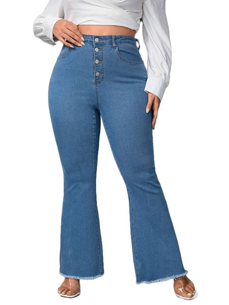 plus button fly raw cut flare leg jeans 74oe#, Blue