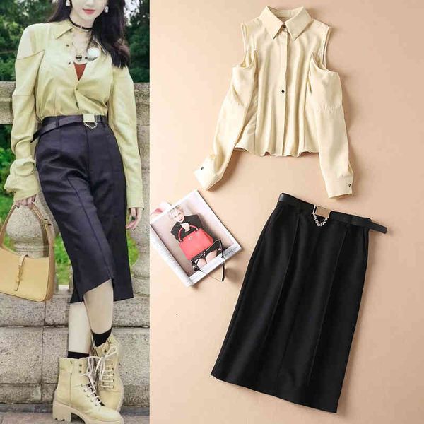 women's two piece pants street women's wear autumn off shoulder lapel shirt hip wrap skirt suit with belt, White
women's two piece pants street women's wear autumn off shoulder lapel shirt hip wrap skirt suit with belt, White