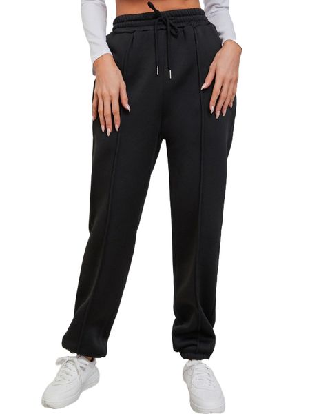 solid drawstring waist high waist thermal lined sweatpants e8yq#, Black;white