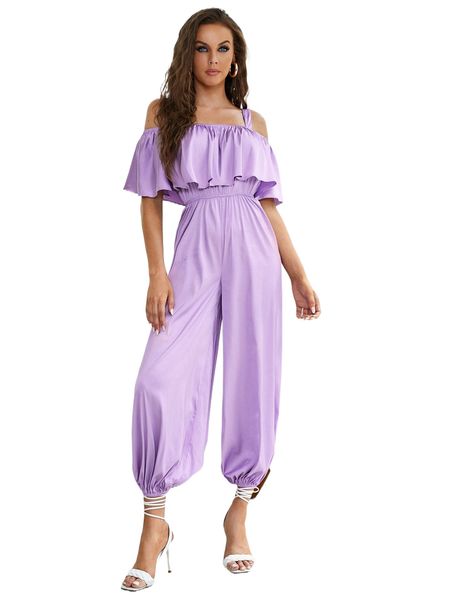 x sara cennamo cold shoulder ruffle detail solid jumpsuit a7n9#, Black;white
x sara cennamo cold shoulder ruffle detail solid jumpsuit a7n9#, Black;white